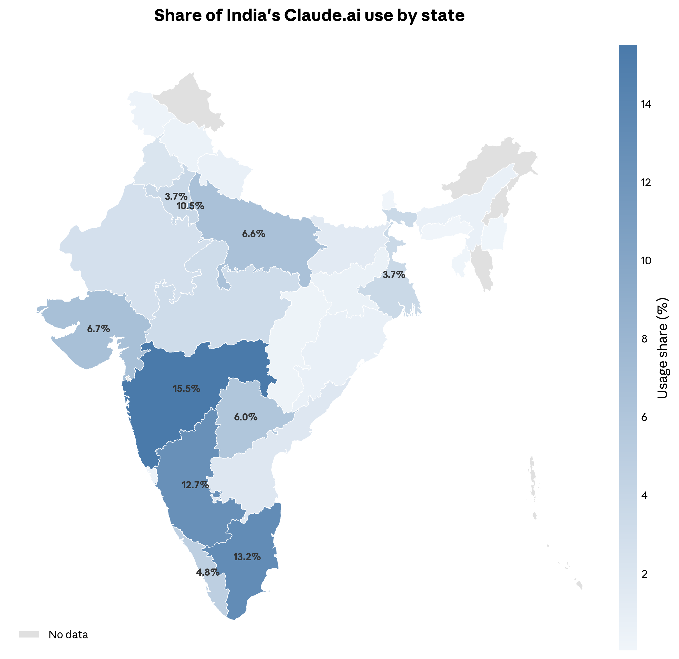 Figure 2. Share of India's Claude.ai use by state. Map shows each state’s share of India’s total Claude.ai use. Top states: Maharashtra (15.5%), Tamil Nadu (13.2%), Karnataka (12.7%), Delhi (10.5%). Gray regions indicate insufficient data. November 2025 data. Shapefile for the map from Natural Earth.